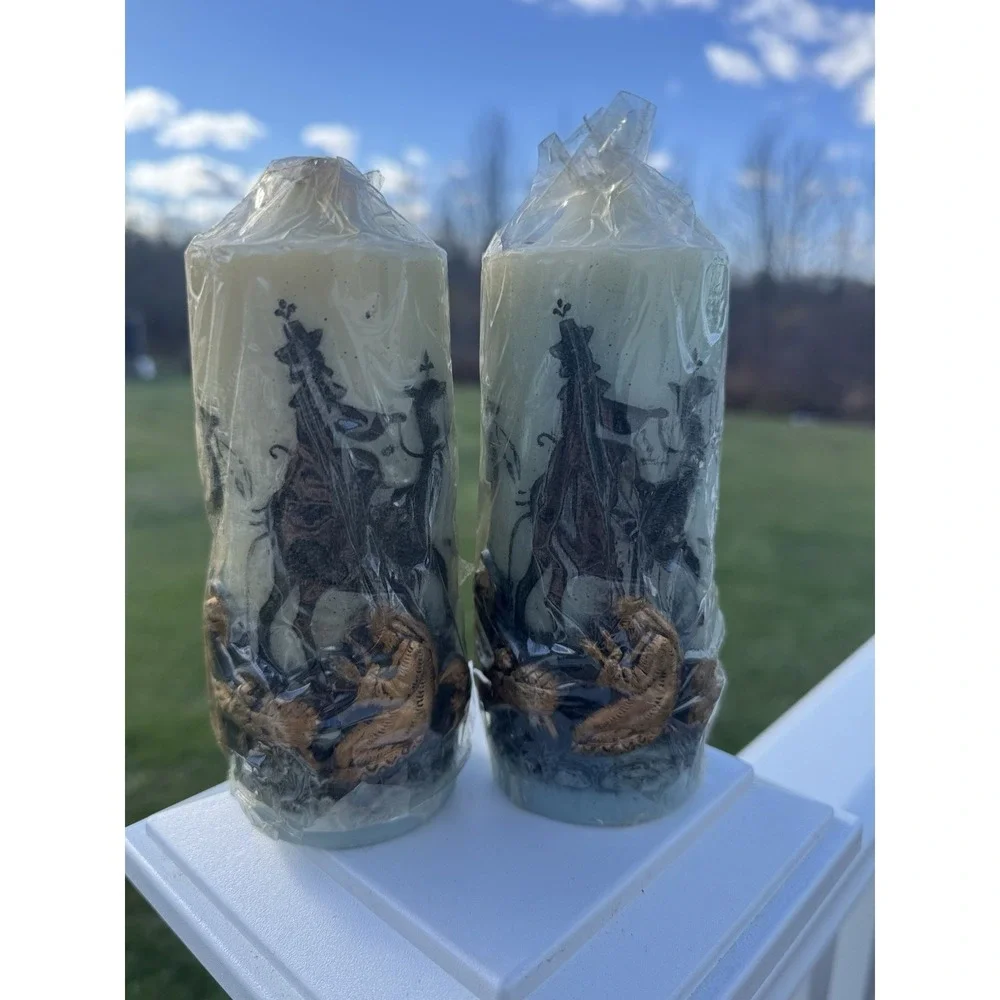 Vintage Holiday Elegance Nativity Candles NOS Handcrafted Wrapped Pair Christmas